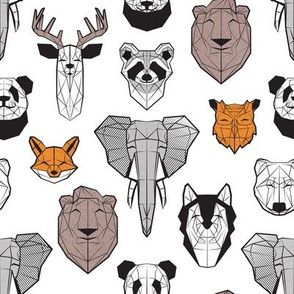 Small scale // Friendly Geometric Animals //  white background black and white orange grey and taupe brown deers bears foxes wolves elephants raccoons lions owls and pandas