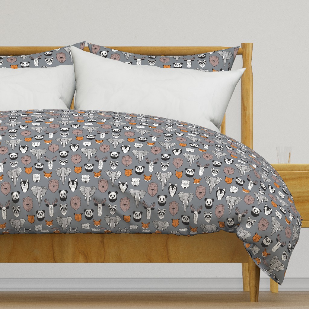 Small scale // Friendly Geometric Animals // grey background black and white orange grey and taupe brown deers bears foxes wolves elephants raccoons lions owls and pandas