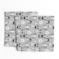Small scale // Friendly Geometric Animals // grey linen texture background black and white deers bears foxes wolves elephants raccoons lions owls and pandas