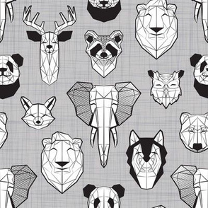 Small scale // Friendly Geometric Animals // grey linen texture background black and white deers bears foxes wolves elephants raccoons lions owls and pandas