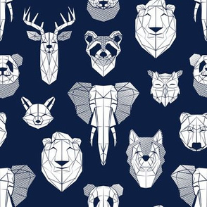 Small scale // Friendly Geometric Animals // navy blue background white deers bears foxes wolves elephants raccoons lions owls and pandas