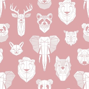 Normal scale // Friendly Geometric Animals // blush pink background white deers bears foxes wolves elephants raccoons lions owls and pandas