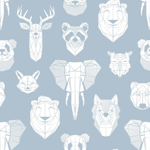 Normal scale // Friendly Geometric Animals // pastel blue background white deers bears foxes wolves elephants raccoons lions owls and pandas