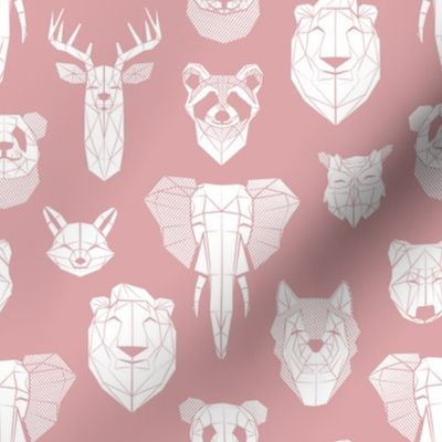 Small scale // Friendly Geometric Animals // blush pink background white deers bears foxes wolves elephants raccoons lions owls and pandas
