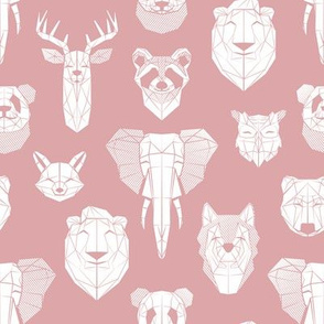 Small scale // Friendly Geometric Animals // blush pink background white deers bears foxes wolves elephants raccoons lions owls and pandas