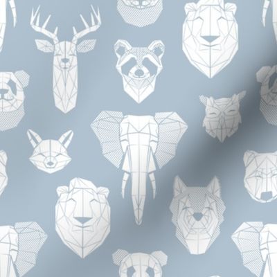 Small scale // Friendly Geometric Animals // pastel blue background white deers bears foxes wolves elephants raccoons lions owls and pandas