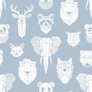 Small scale // Friendly Geometric Animals // pastel blue background white deers bears foxes wolves elephants raccoons lions owls and pandas