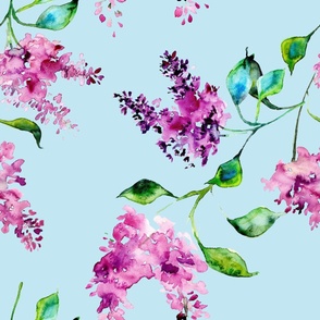 Lilacs in watercolor with blue, big scale from Anines Atelier. Use the design for bathroom wallpaper, lingerie, duvet cover bedding, girls room design and pillows.