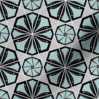Silver and Cyan Stylized Floral Octagon Art Deco Inspired Eight Petal Modern Art Deco