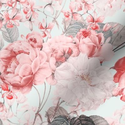 Nostalgic Enchanting Peach Pierre-Joseph Redouté Roses,Hydrangea, Antique Flowers Bouquets, vintage home decor,  English Roses Fabric light  monochrome