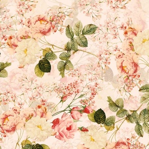 Nostalgic Peach And White Faded Pierre-Joseph Redouté Springflowers Hydrangea Roses, Antique Flowers Bouquets,  vintage home decor,  English Roses Fabric