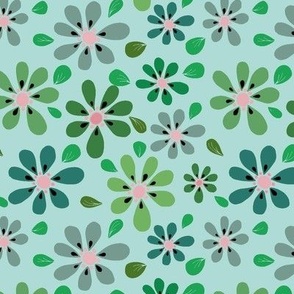 Green retro flowers. Use the design for swimsuit and bikini, closet wallpaper or print for pets.