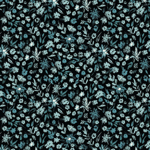 Flowers and leaves in teal and blue on black 