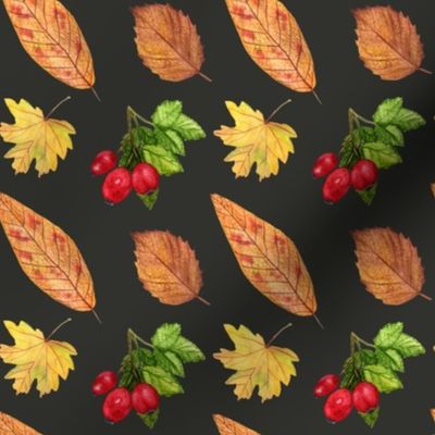 Watercolor autumn leaves and beries pattern on black