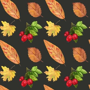 Watercolor autumn leaves and beries pattern on black