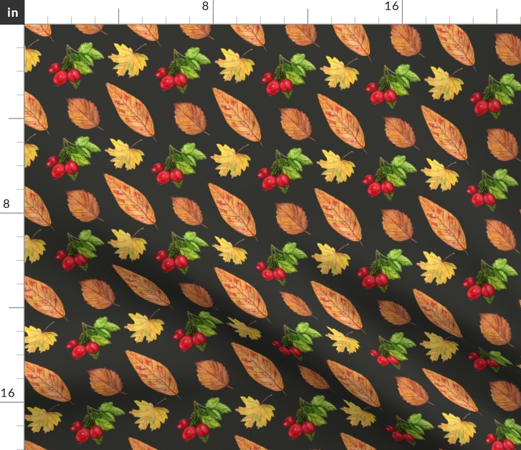 Watercolor autumn leaves and beries pattern on black