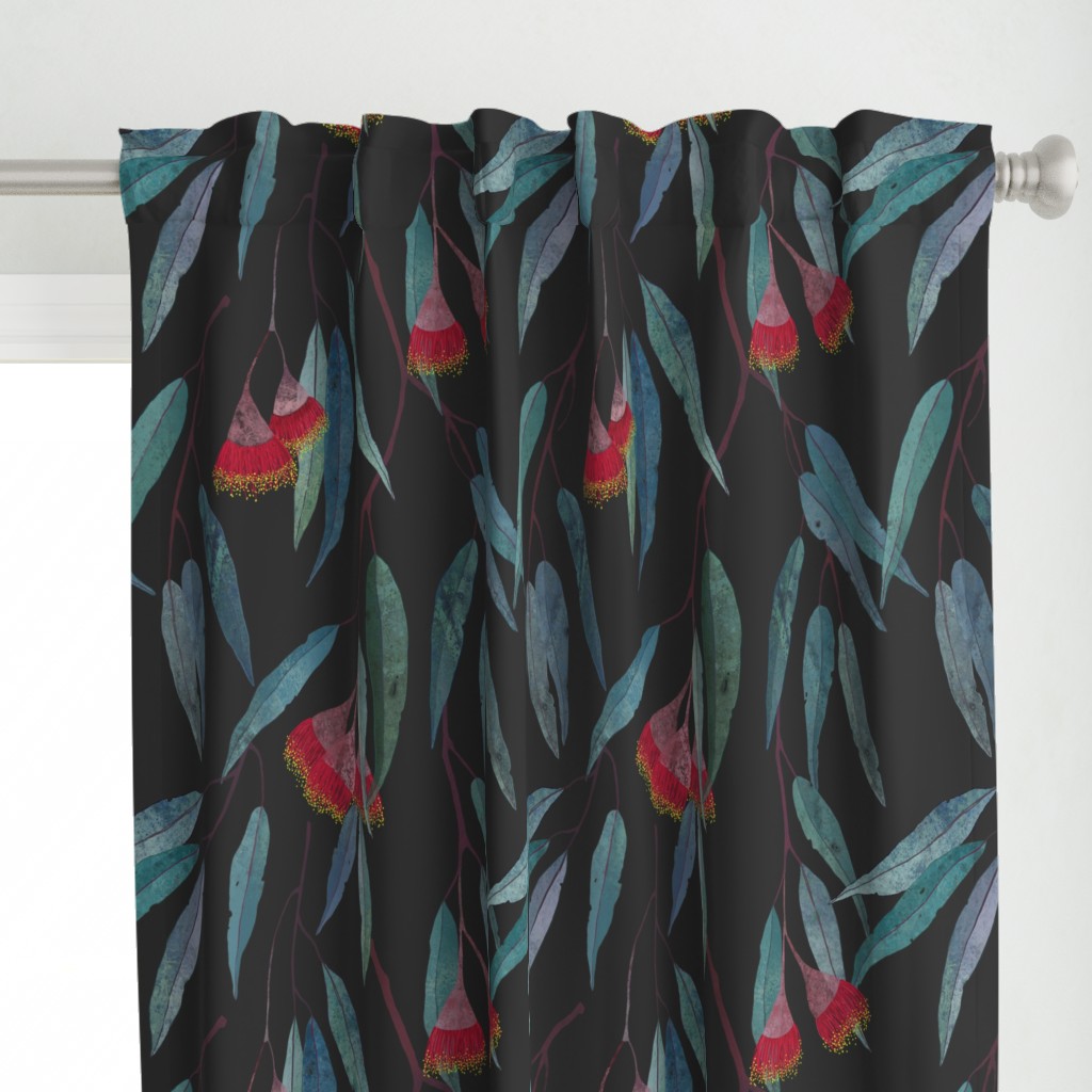 Eucalyptus leaves and flowers on dark grey