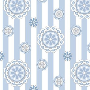 mod flowers on stripes in pastel blues and white