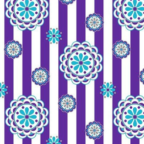 mod flowers on stripes in purple and turquoise
