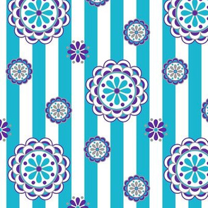 mod flowers on stripes in turquoise and purple