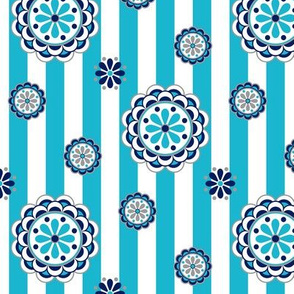 mod flowers on stripes in turquoise and navy