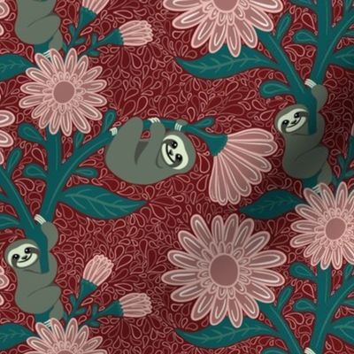 Happy Sloths & Giant Daisies - Red