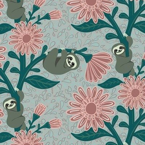 Happy sloths & giant daisies - light blue