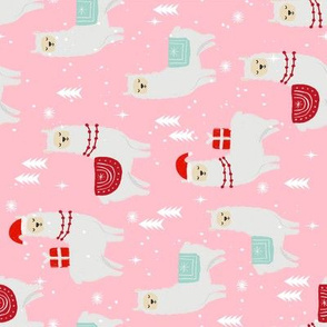 winter llama fabric - christmas, holiday, xmas, llamas - cute alpaca fabric -pink