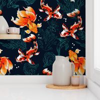 18" Artistic Japanese Koi Fishes on Blue, Vintage home decor, antique wallpaper,