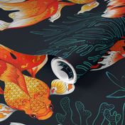 18" Artistic Japanese Koi Fishes on Blue, Vintage home decor, antique wallpaper,