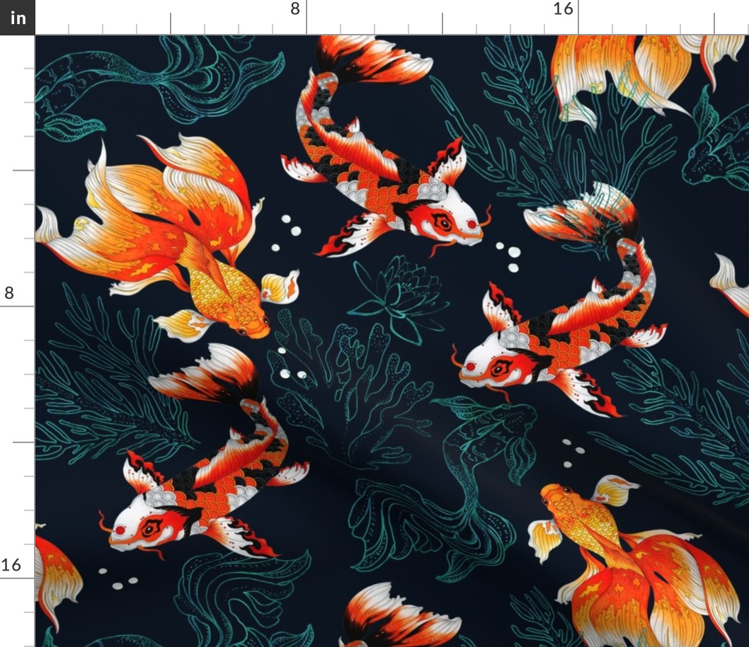 18" Artistic Japanese Koi Fishes on Blue, Vintage home decor, antique wallpaper,