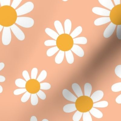 Joyful White Daisies - Large Scale - Peach Fuzz Apricot Pastel Orange Retro Vintage Flowers Floral
