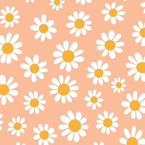 Joyful White Daisies - Large Scale - Peach Fuzz Apricot Pastel Orange Retro Vintage Flowers Floral