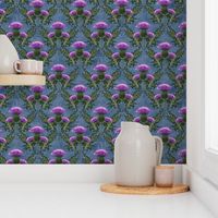 Vibrant Purple Thistle Textured Blue Gray Linen Background | Bright Violet Scottish Thistles Emerald Green Leaves | Scottish Wallpaper Blue Grey Floral Purple Cottage Core Scotland Arts and Crafts