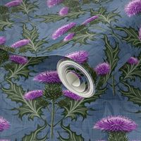 Vibrant Purple Thistle Textured Blue Gray Linen Background | Bright Violet Scottish Thistles Emerald Green Leaves | Scottish Wallpaper Blue Grey Floral Purple Cottage Core Scotland Arts and Crafts