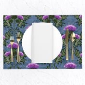 Vibrant Purple Thistle Textured Blue Gray Linen Background | Bright Violet Scottish Thistles Emerald Green Leaves | Scottish Wallpaper Blue Grey Floral Purple Cottage Core Scotland Arts and Crafts