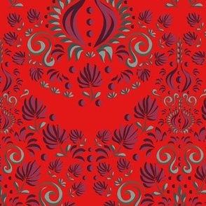 Modern Folk Art Damask, Bright Floral Swirls, Bright Scarlet Red, Inspired by Clover Flower Meadow
