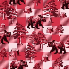 Raspberry Red Buffalo Plaid Toile de Jouy Pattern, Grizzly Brown Bear Country Toile, Cozy Cabin Lumberjack Gingham Check