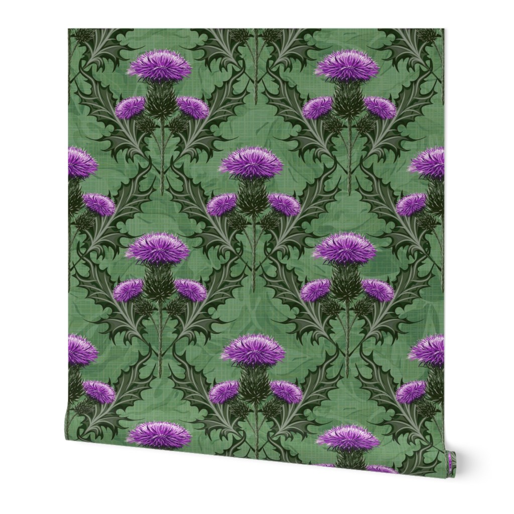 Bright Violet Purple Thistle Pattern Moss Green Linen Texture Floral Background | Vintage Floral Green Thistle Scottish Wallpaper | Botanical Home Decor Cottage Core