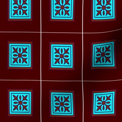 A unique cyan ornamental design with dark red background