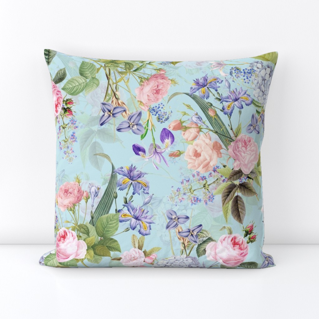 Nostalgic Enchanting Pink Pierre-Joseph Redouté Springflowers And Roses,Blue Hydrangea,Lilacs,Lilies, Antique Flowers Bouquets, vintage home decor,  English Roses Fabric light blue