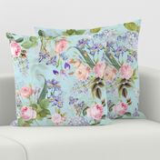 Nostalgic Enchanting Pink Pierre-Joseph Redouté Springflowers And Roses,Blue Hydrangea,Lilacs,Lilies, Antique Flowers Bouquets, vintage home decor,  English Roses Fabric light blue