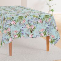 Nostalgic Enchanting Pink Pierre-Joseph Redouté Springflowers And Roses,Blue Hydrangea,Lilacs,Lilies, Antique Flowers Bouquets, vintage home decor,  English Roses Fabric light blue