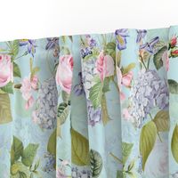 Nostalgic Enchanting Pink Pierre-Joseph Redouté Springflowers And Roses,Blue Hydrangea,Lilacs,Lilies, Antique Flowers Bouquets, vintage home decor,  English Roses Fabric light blue