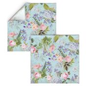 Nostalgic Enchanting Pink Pierre-Joseph Redouté Springflowers And Roses,Blue Hydrangea,Lilacs,Lilies, Antique Flowers Bouquets, vintage home decor,  English Roses Fabric light blue