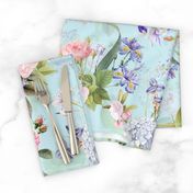 Nostalgic Enchanting Pink Pierre-Joseph Redouté Springflowers And Roses,Blue Hydrangea,Lilacs,Lilies, Antique Flowers Bouquets, vintage home decor,  English Roses Fabric light blue