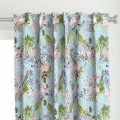 Nostalgic Enchanting Pink Pierre-Joseph Redouté Springflowers And Roses,Blue Hydrangea,Lilacs,Lilies, Antique Flowers Bouquets, vintage home decor,  English Roses Fabric light blue