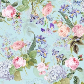 Nostalgic Enchanting Pink Pierre-Joseph Redouté Springflowers And Roses,Blue Hydrangea,Lilacs,Lilies, Antique Flowers Bouquets, vintage home decor,  English Roses Fabric light blue