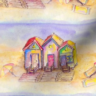 BEACH HUTS  BRIGHT AND SUNNY WATERCOLOR AND INK
