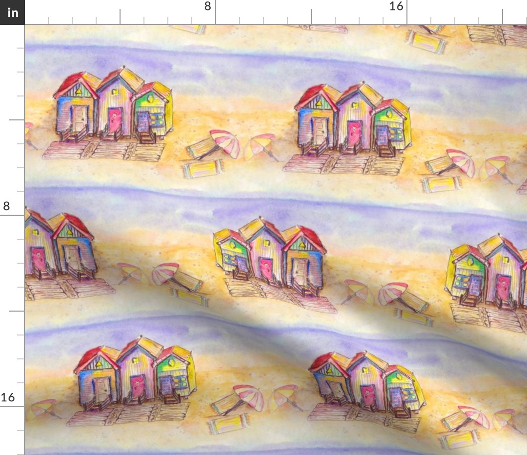 BEACH HUTS  BRIGHT AND SUNNY WATERCOLOR AND INK